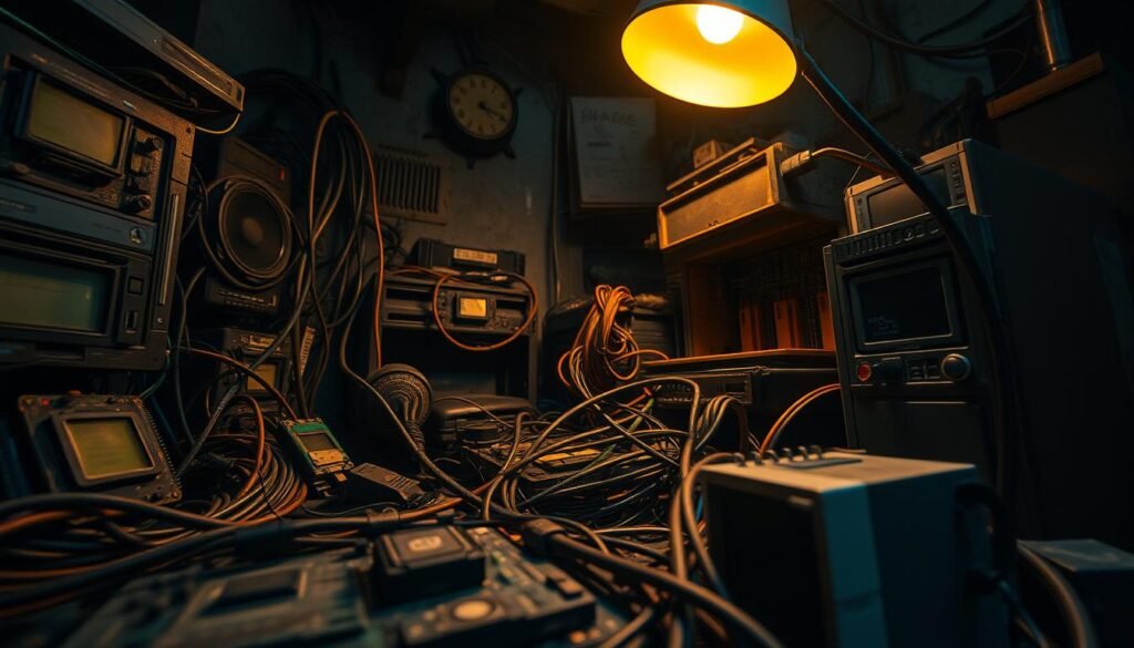A dimly lit workspace, cluttered with outdated computer hardware - dusty motherboards, frayed cables, obsolete processors, and cracked plastic casings. The scene conveys a sense of technological decay, a forgotten past where reliance on aging components invites security vulnerabilities. A single desk lamp casts a warm, ominous glow, highlighting the jumble of outdated parts - a visual metaphor for the risks of neglecting software updates. The perspective is low, drawing the viewer into the scene, confronting the consequences of technological stagnation. The overall mood is one of cautionary unease, a stark reminder of the importance of maintaining a modern, secure digital infrastructure.