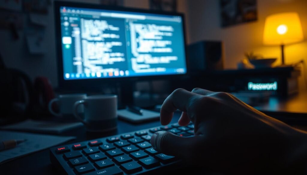 A dimly lit workspace, the glow of a computer screen casting a soft light on a desk cluttered with scribbled notes, coffee mugs, and a keyboard. In the foreground, a hand meticulously types a complex password, the fingers moving with purpose, as if crafting a work of art. The background is slightly blurred, drawing the viewer's focus to the act of password creation, a critical step in safeguarding one's digital identity. The scene conveys the importance of taking the time to construct secure, memorable passwords, a simple yet essential task in the ever-evolving landscape of cybersecurity. A dimly lit workspace, the glow of a computer screen casting a soft light on a desk cluttered with scribbled notes, coffee mugs, and a keyboard. In the foreground, a hand meticulously types a complex password, the fingers moving with purpose, as if crafting a work of art. The background is slightly blurred, drawing the viewer's focus to the act of password creation, a critical step in safeguarding one's digital identity. The scene conveys the importance of taking the time to construct secure, memorable passwords, a simple yet essential task in the ever-evolving landscape of cybersecurity.