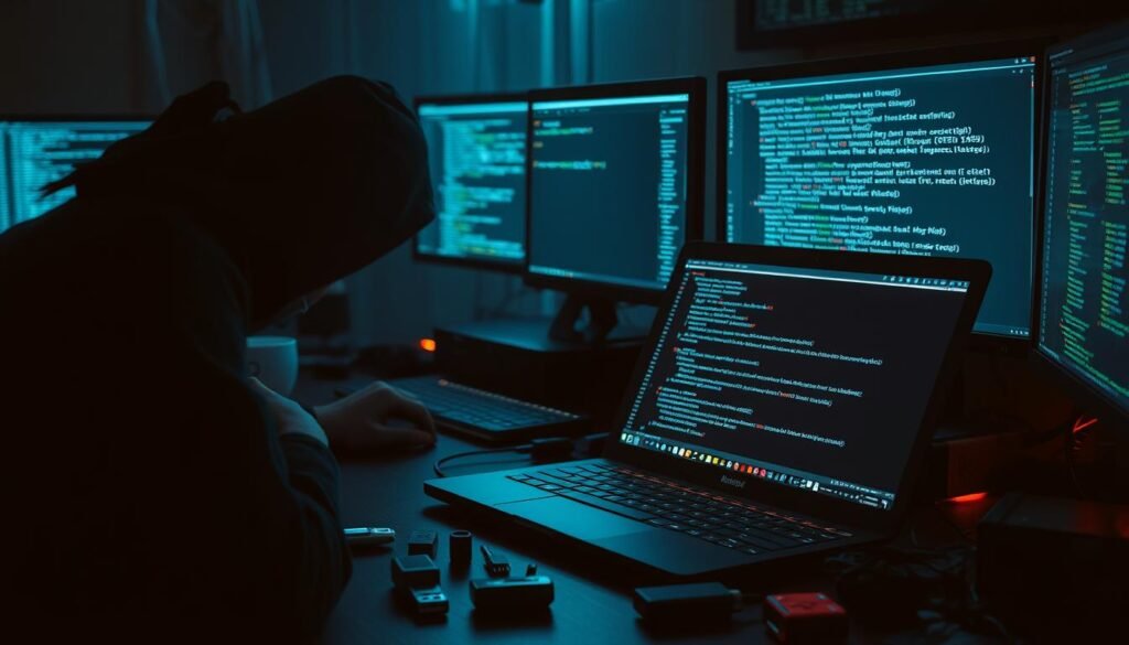 A dimly lit workspace, the glow of multiple computer screens casting an eerie, technical ambiance. On the desk, an open laptop displays lines of complex code, symbols, and algorithms - the tools of the Linux attacker's trade. Scattered around are various network adapters, USB drives, and other gadgets, hinting at the attacker's methodical preparation. In the background, a shadowy figure hunches over the workstation, their face obscured, focused intently on infiltrating and escalating privileges on the targeted Linux system. The scene conveys a sense of clandestine, calculated malice, a cautionary tale of the Linux attacker's playbook. A dimly lit workspace, the glow of multiple computer screens casting an eerie, technical ambiance. On the desk, an open laptop displays lines of complex code, symbols, and algorithms - the tools of the Linux attacker's trade. Scattered around are various network adapters, USB drives, and other gadgets, hinting at the attacker's methodical preparation. In the background, a shadowy figure hunches over the workstation, their face obscured, focused intently on infiltrating and escalating privileges on the targeted Linux system. The scene conveys a sense of clandestine, calculated malice, a cautionary tale of the Linux attacker's playbook.