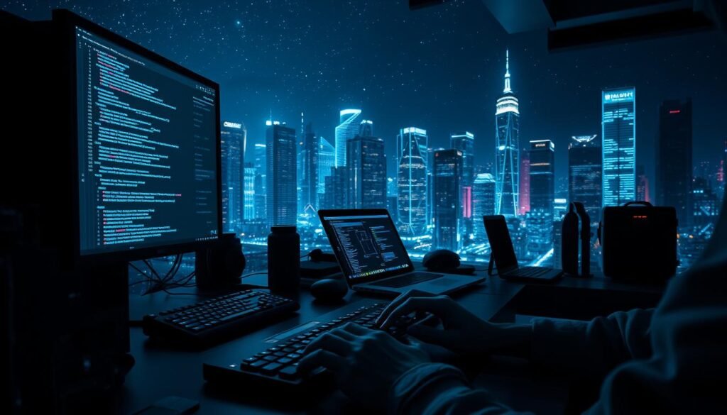A dimly lit workspace with a desktop computer, laptop, and various cybersecurity tools and devices arranged neatly. The foreground features a person's hands typing on the keyboard, casting a soft glow on the desk. The middle ground showcases a large display screen showing lines of code and security monitoring dashboards. The background depicts a futuristic cityscape with skyscrapers and a starry night sky, hinting at the global impact of ethical hacking skills. The scene conveys a sense of focus, determination, and the pursuit of knowledge in the field of cybersecurity.