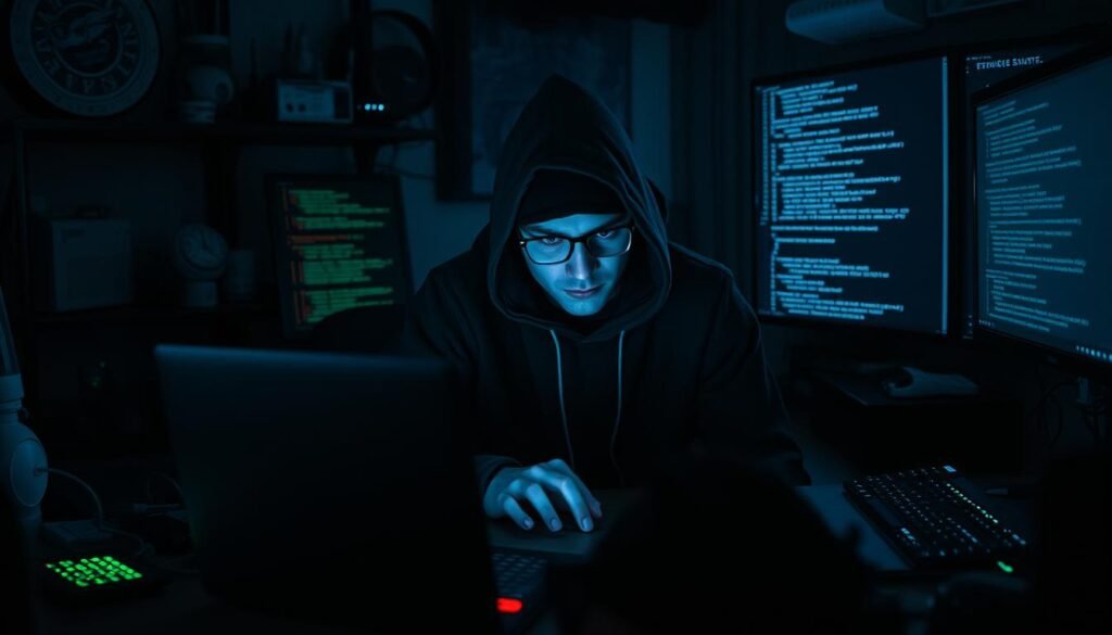 A dimly lit workspace, with a laptop on a desk surrounded by an array of cybersecurity tools and gadgets. The hacker, a focused individual in a dark hoodie, intently studying lines of code, their face partially obscured by the glow of the screen. The atmosphere is one of concentration and purpose, conveying the careful, methodical approach of ethical hacking. Dramatic shadows and highlights create a sense of depth and intensity, while the overall scene suggests a balance between technological expertise and moral responsibility.