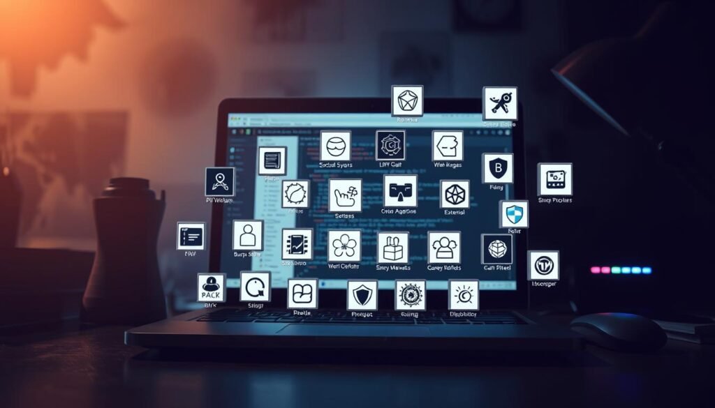 A dimly lit workspace with a prominent laptop screen displaying the Burp Suite interface. In the foreground, an array of Burp Suite extension icons hover and dance, each representing a specialized tool for web application security testing. The background is a hazy, techno-inspired landscape, conveying the sense of a comprehensive cybersecurity toolkit. Soft, directional lighting casts shadows and highlights the various extension options, creating a visually captivating and informative scene.