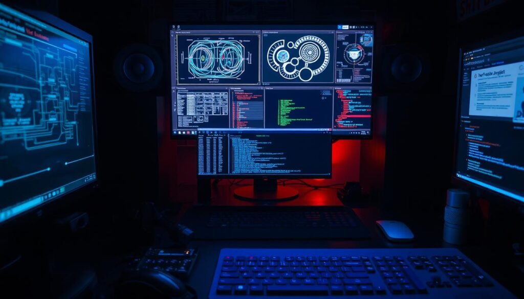 A dimly lit workspace, with a sleek desktop computer, multiple monitors displaying intricate network diagrams and security dashboards. In the foreground, an array of tools, including a network scanner, a malware analysis suite, and a script-blocking browser extension. The lighting casts a subtle glow, creating an atmosphere of focused intensity as the performance analyst navigates the complex world of cryptojacking malware, seeking to identify and eliminate the CPU-hogging threats.