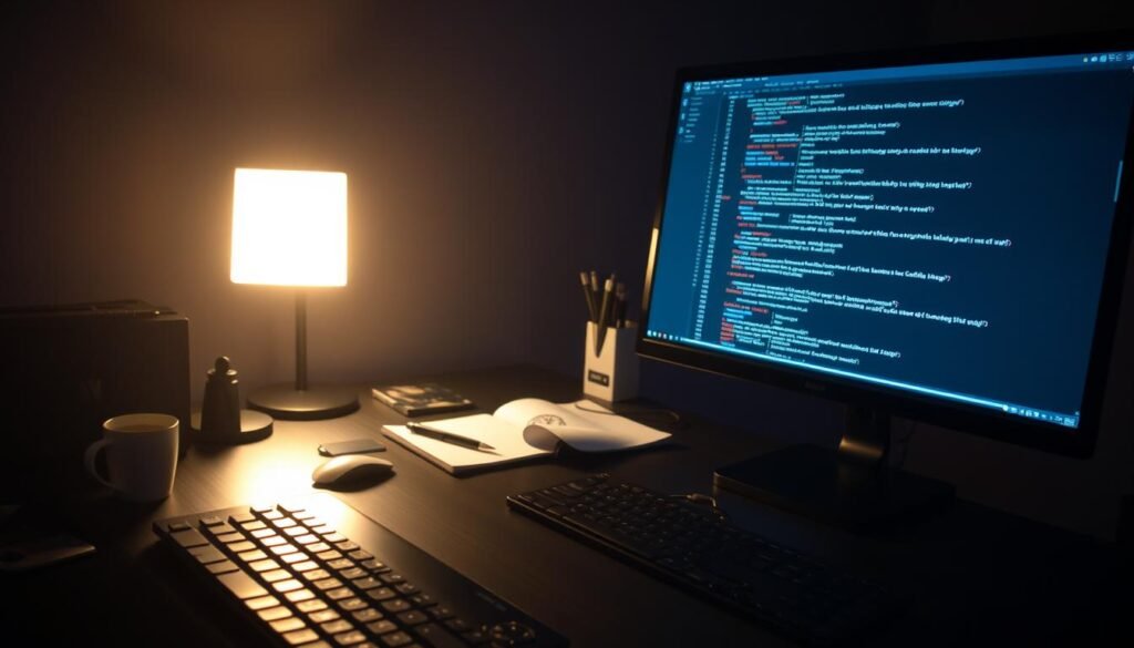 A dimly lit workstation with a sleek, modern computer setup. The foreground features a keyboard, mouse, and an elegant monitor displaying various lines of code and security scripts. The middle ground shows a tidy desk with a cup of coffee, a notebook, and other office supplies, creating a focused and professional atmosphere. In the background, there is a subtle glow from a desk lamp, casting a warm, concentrated light across the scene. The overall mood is one of contemplation, problem-solving, and the quiet pursuit of cybersecurity knowledge. A dimly lit workstation with a sleek, modern computer setup. The foreground features a keyboard, mouse, and an elegant monitor displaying various lines of code and security scripts. The middle ground shows a tidy desk with a cup of coffee, a notebook, and other office supplies, creating a focused and professional atmosphere. In the background, there is a subtle glow from a desk lamp, casting a warm, concentrated light across the scene. The overall mood is one of contemplation, problem-solving, and the quiet pursuit of cybersecurity knowledge.