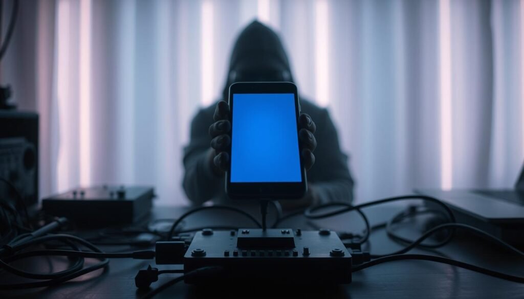 A discreet smartphone hovering above a dimly lit desk, its screen casting an eerie blue glow. The device appears to be under surveillance, surrounded by mysterious technological components and wires. In the background, a shadowy figure lurks, hinting at the unseen presence of a hacker listening in. The scene conveys a sense of unease and the fragility of digital privacy, setting the stage for the article's exploration of how to protect one's phone from unwanted eavesdropping.