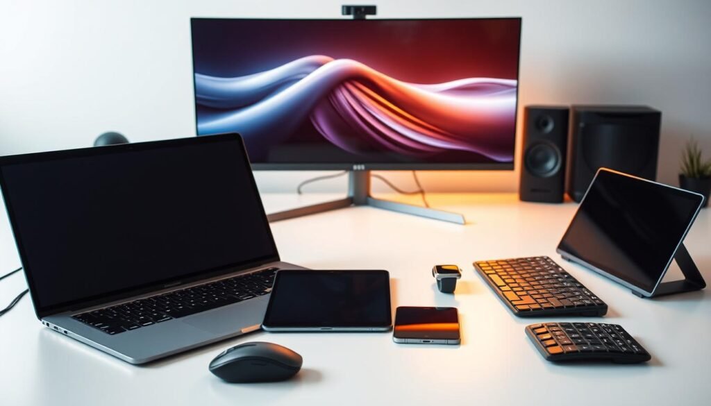 A diverse array of digital devices prominently displayed in a modern, minimalist workspace. In the foreground, a sleek laptop, a high-end smartphone, and a cutting-edge tablet arranged neatly on a clean, uncluttered desk. In the middle ground, a wireless mouse, a stylish smartwatch, and a compact wireless keyboard complement the setup. The background features a large, high-resolution monitor mounted on an adjustable stand, casting a warm, ambient glow over the scene. Crisp, directional lighting from an unseen source highlights the streamlined, contemporary design of the devices, conveying a sense of technological sophistication and the ubiquity of connected platforms in the modern digital landscape. A diverse array of digital devices prominently displayed in a modern, minimalist workspace. In the foreground, a sleek laptop, a high-end smartphone, and a cutting-edge tablet arranged neatly on a clean, uncluttered desk. In the middle ground, a wireless mouse, a stylish smartwatch, and a compact wireless keyboard complement the setup. The background features a large, high-resolution monitor mounted on an adjustable stand, casting a warm, ambient glow over the scene. Crisp, directional lighting from an unseen source highlights the streamlined, contemporary design of the devices, conveying a sense of technological sophistication and the ubiquity of connected platforms in the modern digital landscape.