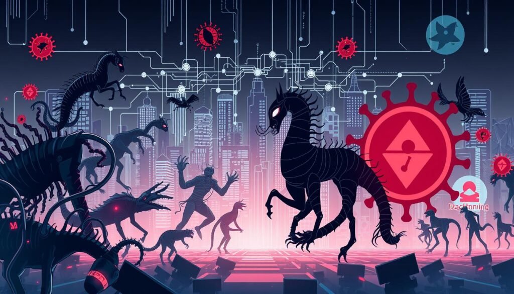 A diverse array of malware and viruses, depicted in a stylized, techno-futuristic illustration. In the foreground, various malicious entities such as computer worms, Trojan horses, and ransomware are prominently featured, their sinister forms and intricate details capturing the viewer's attention. The middle ground showcases a complex network of interconnected nodes and data streams, representing the complex and ever-evolving landscape of cybersecurity threats. In the background, a minimalist, high-contrast cityscape sets the scene, evoking a sense of the digital realm. The overall tone is one of dark, ominous power, underscoring the seriousness and potential dangers of these digital threats.