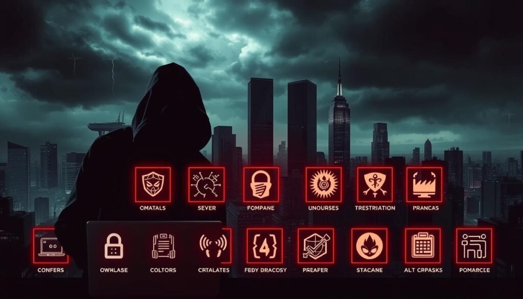 A dramatic, cinematic illustration of the OWASP Top 10 web application security risks. In the foreground, a dark silhouette of a hacker looming over a glowing computer screen. In the middle ground, ten distinct icons representing the OWASP Top 10 risks, each emanating an ominous energy. The background is a shadowy, foreboding cityscape, with towering skyscrapers and a stormy sky overhead, conveying the gravity and scale of the threats. The lighting is dramatic, with sharp contrasts and deep shadows, creating a sense of tension and unease. The overall mood is one of impending danger and the need for vigilance against these critical web application vulnerabilities.