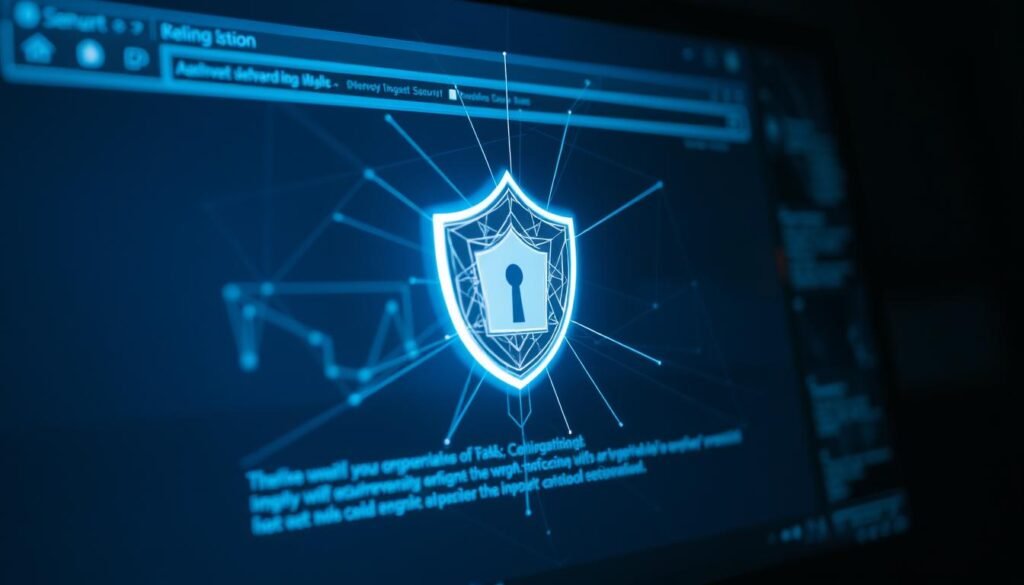 A dramatic close-up of a computer screen displaying a web browser session, illuminated by a cool, bluish tint. In the center, a glowing, translucent security shield hovers, radiating a sense of protection and vigilance. Intricate lines and geometric patterns traverse the shield, representing the complex algorithms and protocols that safeguard the session. The background is shrouded in shadows, emphasizing the shield's importance as the sole focus of the scene. The overall mood is one of heightened awareness and technological sophistication, underscoring the gravity of session security.