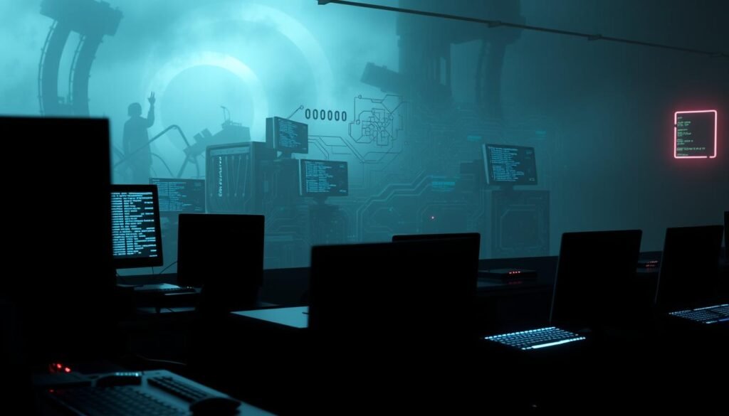 A dramatic cybersecurity landscape, with a sinister "wiper" malware lurking in the digital shadows. In the foreground, a cluster of sleek, ominous computer terminals bathed in an eerie blue glow, hinting at the malicious code infiltrating their systems. In the middle ground, a tangled web of binary code and circuit diagrams, pulsing with the energy of a sophisticated cyber attack. The background fades into a hazy, uncertain environment, evoking the sense of a larger, unseen threat. Dramatic lighting casts sharp shadows, emphasizing the gravity of the situation. Capture the tension and technicality of a "wiper tactics" cyber assault, primed to wreak havoc on vulnerable systems.