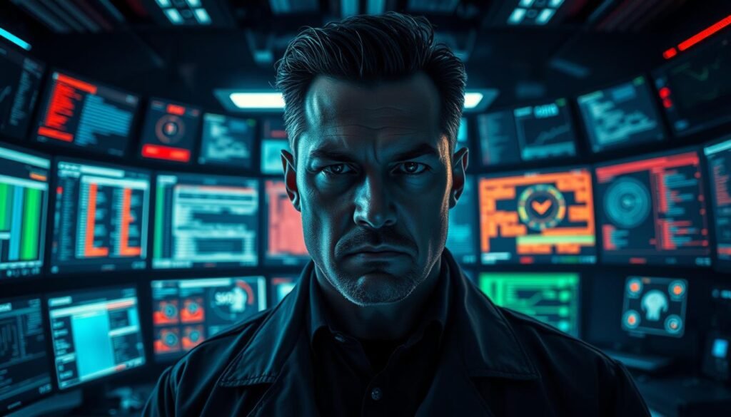 A dramatic, high-contrast portrait of a determined Chief Information Security Officer (CISO) standing tall and resolute, a stern expression on their face, against a backdrop of a futuristic cybersecurity command center. The CISO's face is illuminated by the glow of multiple digital displays, casting dramatic shadows and highlights across their features. The command center is filled with complex data visualizations, holographic projections, and a vast array of cutting-edge security monitoring tools. The overall mood is one of unwavering vigilance, technological sophistication, and the weight of heavy responsibility to protect the organization from digital threats.