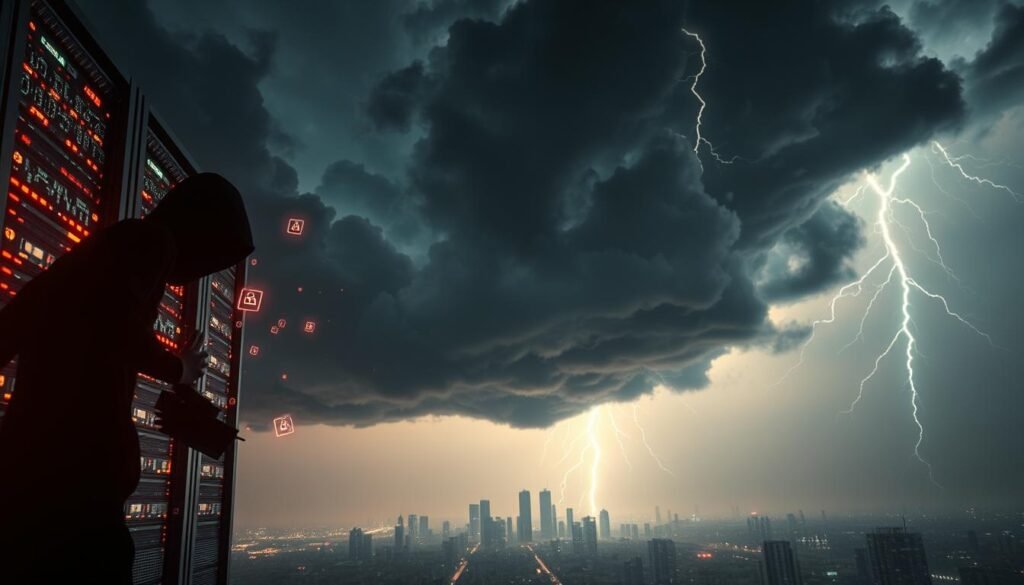 A dramatic, high-contrast scene of cloud-based data breaches. In the foreground, a shadowy figure hacks into a glowing server rack, symbols of exposed databases and security vulnerabilities cascading across the screen. In the middle ground, ominous storm clouds gather, lightning flashes illuminating an urban skyline below. The background fades into a grim, foreboding atmosphere, heightening the sense of digital danger and the urgent need for robust security measures.