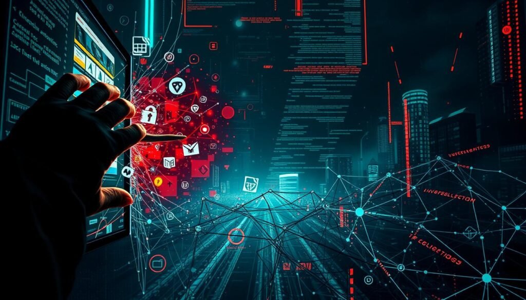 A dynamic and ominous scene depicting web application threats. In the foreground, a malicious hacker's hands breach the interface, surrounded by a swarm of digital symbols representing vulnerabilities - SQL injection, cross-site scripting, and other common attack vectors. The middle ground features a tangled web of code and network connections, hinting at the complexity and interconnectedness of web systems. In the background, an abstract, glitching digital landscape symbolizes the ever-evolving nature of cybersecurity threats. The lighting is dramatic, with deep shadows and intense highlights, conveying a sense of foreboding and urgency. The overall atmosphere is one of technological danger and the constant struggle to safeguard web applications.
