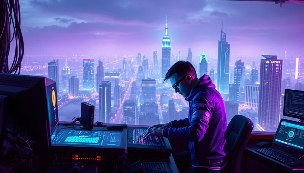 A dynamic cyberpunk scene with a "purple team" at work, illuminated by a blend of warm and cool lighting. In the foreground, two figures in sleek, futuristic attire huddle over a holographic display, their expressions intense as they collaborate on a complex hacking task. The middle ground features an array of high-tech equipment, cables, and monitors, creating a sense of a well-equipped command center. In the background, a sprawling cityscape of towering skyscrapers and neon-lit streets sets the stage, suggesting the larger context of cyber warfare. The overall atmosphere conveys a sense of synergy, innovation, and the power of red and blue teams working together as a "purple team" to overcome digital threats. A dynamic cyberpunk scene with a "purple team" at work, illuminated by a blend of warm and cool lighting. In the foreground, two figures in sleek, futuristic attire huddle over a holographic display, their expressions intense as they collaborate on a complex hacking task. The middle ground features an array of high-tech equipment, cables, and monitors, creating a sense of a well-equipped command center. In the background, a sprawling cityscape of towering skyscrapers and neon-lit streets sets the stage, suggesting the larger context of cyber warfare. The overall atmosphere conveys a sense of synergy, innovation, and the power of red and blue teams working together as a "purple team" to overcome digital threats.