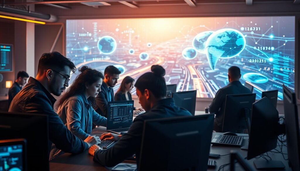 A dynamic cybersecurity team working collaboratively in a futuristic workspace. The foreground features a diverse group of professionals intently focused on their digital displays, their expressions intense as they analyze complex data. The middle ground showcases sleek, state-of-the-art workstations arranged in an open, collaborative layout, creating an atmosphere of productivity and innovation. In the background, a vast holographic landscape depicts a stylized cybersecurity network, pulsing with digital energy and interconnected nodes. Warm, diffused lighting casts a subtle glow, emphasizing the high-tech ambiance. The overall scene conveys a sense of strategic planning, skillful execution, and a dedicated cybersecurity workforce driving digital security forward.