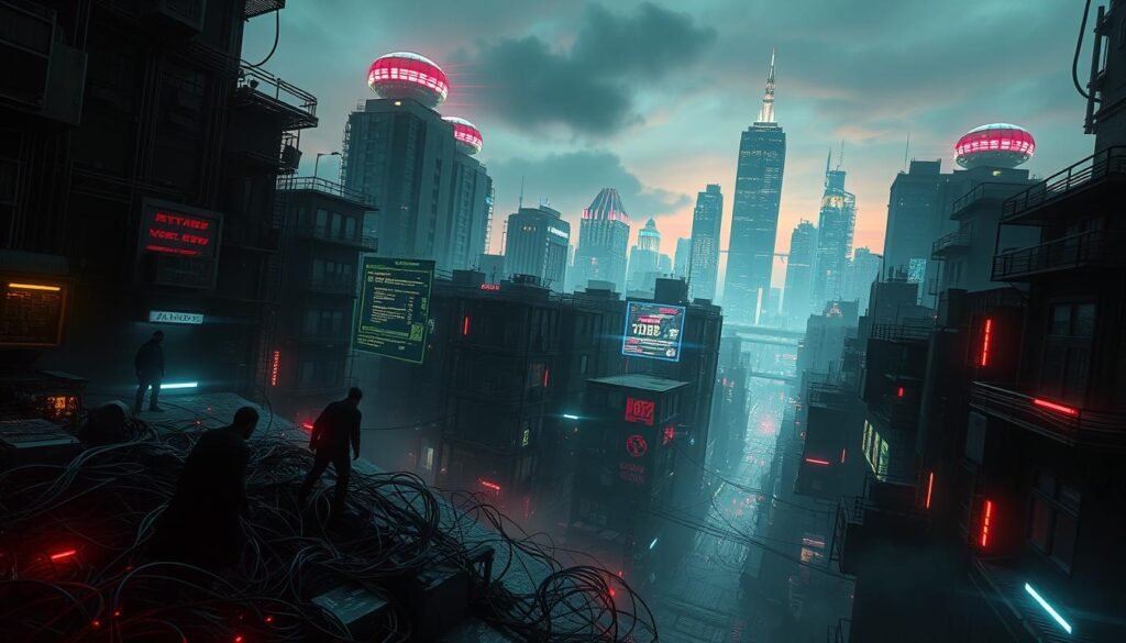 A dystopian cyberpunk cityscape, illuminated by a neon-tinged skyline. In the foreground, a tangle of circuit boards and data cables snakes through the urban landscape, symbolizing the intricate web of digital threats. Shadowy figures lurk in the alleyways, poised to infiltrate vulnerable systems. The middle ground features a holographic display, projecting ominous data visualizations and cryptic code, hinting at the complexity of modern cybersecurity challenges. In the background, towering skyscrapers crowned with glowing surveillance domes loom, a constant reminder of the ever-evolving nature of the digital battlefield. The atmosphere is tense, foreboding, and charged with a sense of technological unease. A dystopian cyberpunk cityscape, illuminated by a neon-tinged skyline. In the foreground, a tangle of circuit boards and data cables snakes through the urban landscape, symbolizing the intricate web of digital threats. Shadowy figures lurk in the alleyways, poised to infiltrate vulnerable systems. The middle ground features a holographic display, projecting ominous data visualizations and cryptic code, hinting at the complexity of modern cybersecurity challenges. In the background, towering skyscrapers crowned with glowing surveillance domes loom, a constant reminder of the ever-evolving nature of the digital battlefield. The atmosphere is tense, foreboding, and charged with a sense of technological unease.