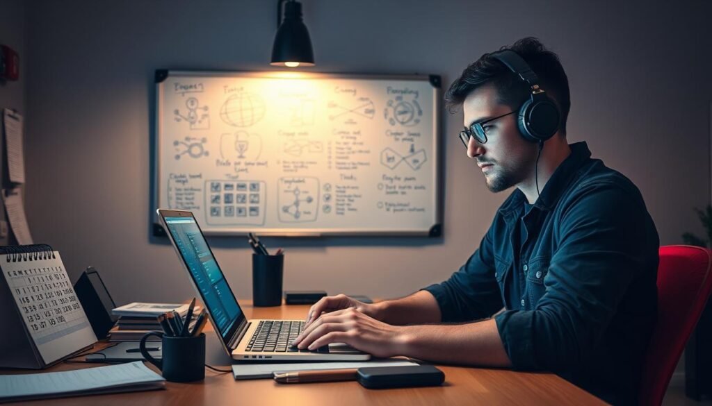 A focused, hard-working individual sitting at a desk, intently studying cybersecurity materials on a laptop screen. The desk is surrounded by organizational tools like a calendar, to-do list, and time management aids. Soft, warm lighting illuminates the scene, creating a focused and productive atmosphere. In the background, a wall-mounted whiteboard displays relevant diagrams and notes, reflecting the student's dedication to their ethical hacking learning journey. The overall composition conveys a sense of strategic time management and efficient self-directed learning. A focused, hard-working individual sitting at a desk, intently studying cybersecurity materials on a laptop screen. The desk is surrounded by organizational tools like a calendar, to-do list, and time management aids. Soft, warm lighting illuminates the scene, creating a focused and productive atmosphere. In the background, a wall-mounted whiteboard displays relevant diagrams and notes, reflecting the student's dedication to their ethical hacking learning journey. The overall composition conveys a sense of strategic time management and efficient self-directed learning.