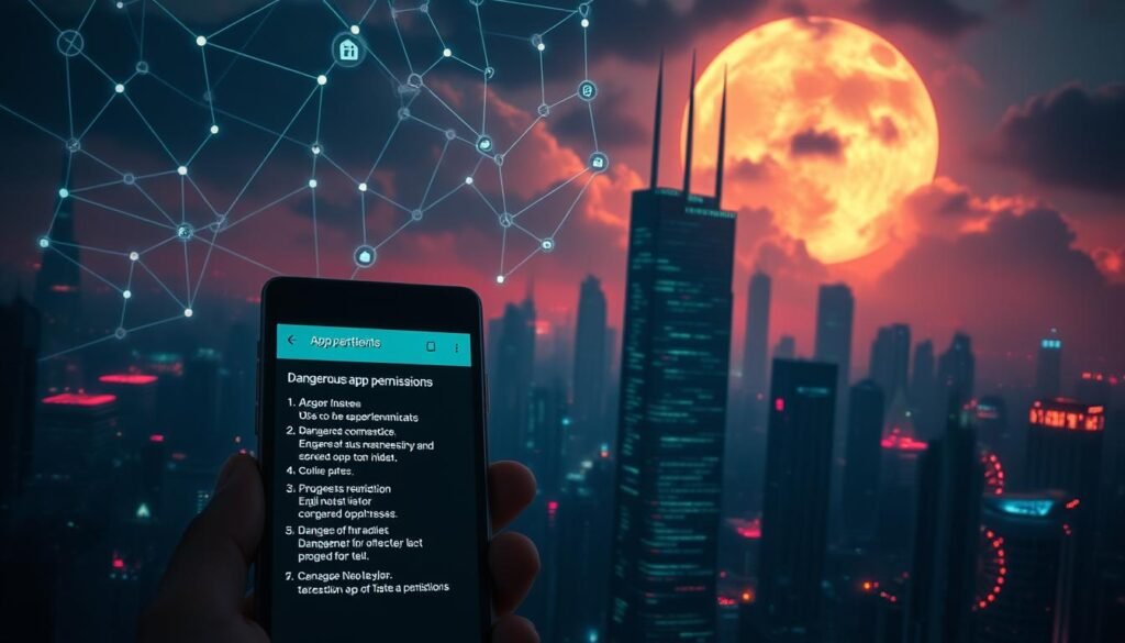 A futuristic cityscape with ominous data patterns and app permissions floating in the air, casting an eerie glow. In the foreground, a smartphone screen displays a list of dangerous app permissions, the icons and text subtly pulsing. The middle ground features a dense network of digital connections, with lines of code and data streams intertwining. The background is a moody, dystopian landscape of skyscrapers and neon-tinged clouds, hinting at the broader implications of unchecked data harvesting. The lighting is dramatic, with dramatic shadows and highlights that emphasize the gravity of the situation. The overall mood is one of unease and foreboding, conveying the urgent need to understand the risks of oversharing personal information through mobile applications.