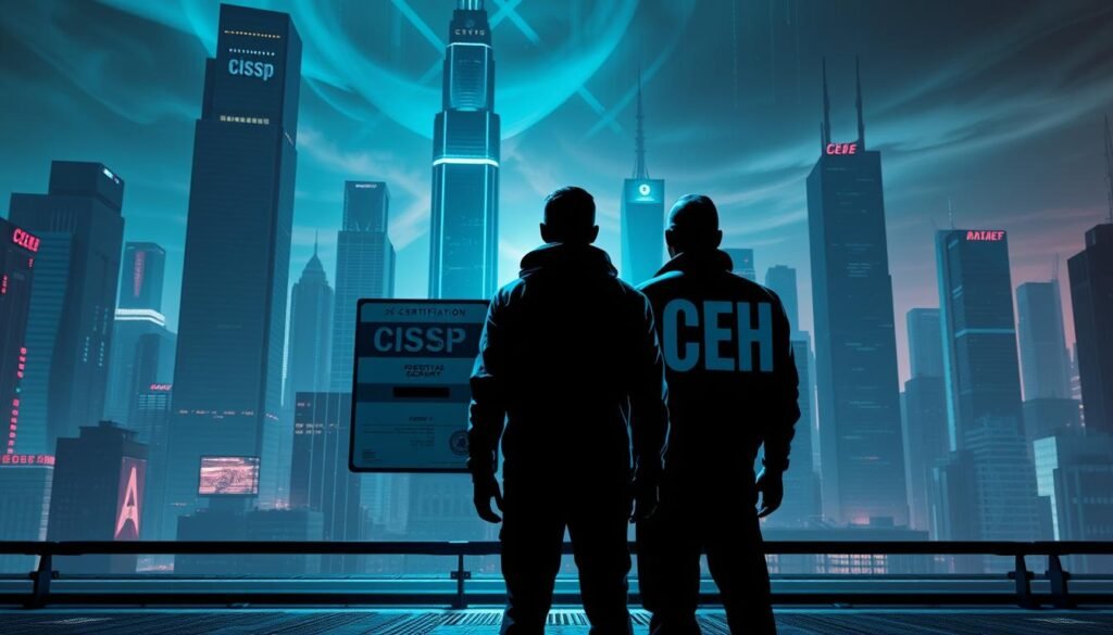 A futuristic cityscape, with towering skyscrapers and a neon-tinged skyline. In the foreground, two figures stand facing each other, one holding a CISSP certification, the other a CEH. The scene is bathed in cool, cyberpunk-inspired lighting, casting dramatic shadows and highlighting the contrast between the two certifications. The background is a blend of technology and urban elements, with holographic displays, data streams, and the faint outline of a security grid. The overall atmosphere evokes the high-stakes, rapidly evolving world of cybersecurity, where the choice between CISSP and CEH can shape one's career trajectory.