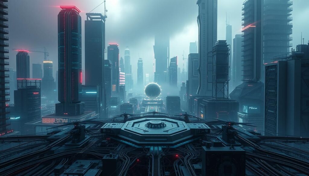 A futuristic cityscape, with towering skyscrapers and advanced infrastructure. In the foreground, a sleek, metallic command center dominates the scene, its panels and screens displaying intricate data visualizations. The center is surrounded by a mesh of interconnected cables and conduits, pulsing with digital energy. In the middle ground, autonomous drones and robotic workers scurry about, prioritizing tasks and optimizing workflows. The background is shrouded in a hazy, neon-tinged atmosphere, reflecting the technological sophistication of this AI-driven metropolis. Dramatic lighting casts long shadows, creating a sense of depth and drama. The overall mood is one of efficiency, precision, and the relentless prioritization of machine intelligence.
