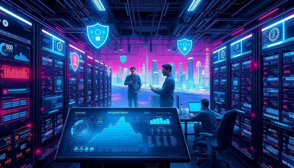 A futuristic data center surrounded by a complex web of interconnected networks, blinking lights, and digital security shields. In the foreground, a sleek cybersecurity dashboard displays real-time threat monitoring, encryption protocols, and vulnerability assessments. The middle ground features a team of cybersecurity experts meticulously analyzing data streams and implementing countermeasures. The background showcases a dynamic cityscape, with skyscrapers and telecommunication towers, symbolizing the ever-evolving landscape of modern cybersecurity. The scene is bathed in a cool, neon-tinged lighting, evoking a sense of high-tech vigilance and the ongoing battle against cyber threats.