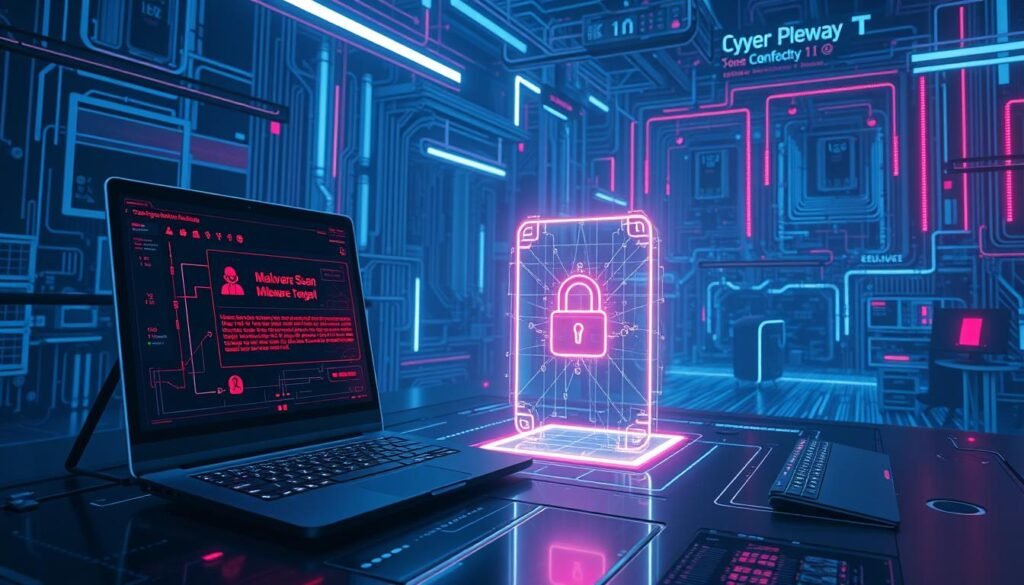 A futuristic, high-contrast image depicting the detection and removal of a malicious software program. In the foreground, a sleek, angular cybersecurity interface shows a malware scan in progress, with ominous red alerts and system diagnostics. The middle ground features a holographic, wire-frame model of a device, representing the infected target. In the background, a complex, digital landscape of data streams, firewall nodes, and encrypted security protocols conveys the scale and complexity of modern cybersecurity threats. The scene is bathed in a cool, neon-tinged lighting, creating a sense of technological sophistication and impending danger. The overall mood is one of vigilance, awareness, and the relentless struggle to safeguard digital assets.