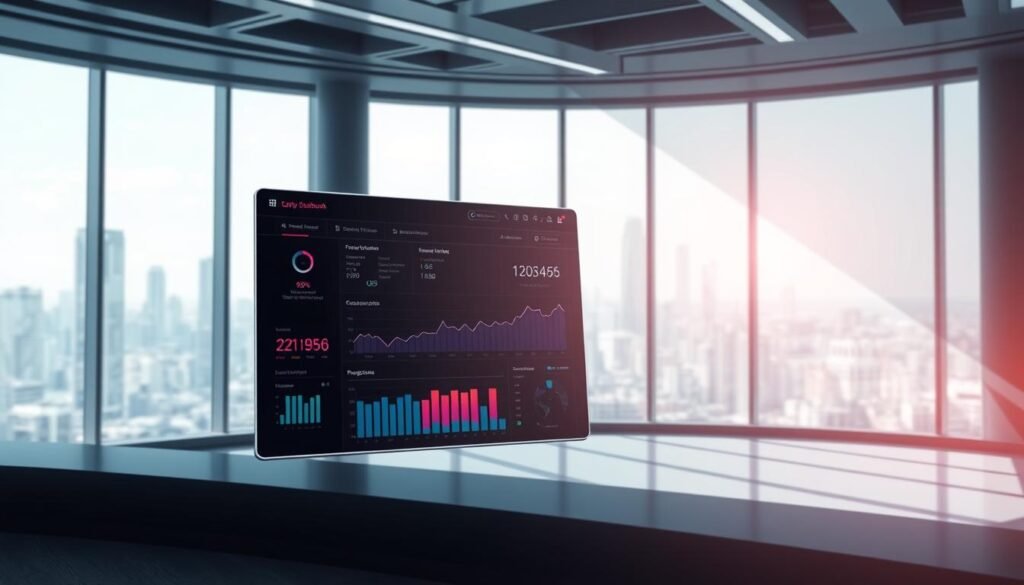A futuristic web application dashboard, rendered in a realistic 3D environment. Sleek, minimalist interface with clean lines and elegant typography. The foreground features a responsive web application, showcasing dynamic data visualizations and interactive UI elements. The middle ground depicts a modern office setting, with floor-to-ceiling windows offering a panoramic city skyline in the background. Soft, directional lighting casts subtle shadows, creating depth and dimensionality. The overall mood is one of technical sophistication, digital security, and seamless user experience.