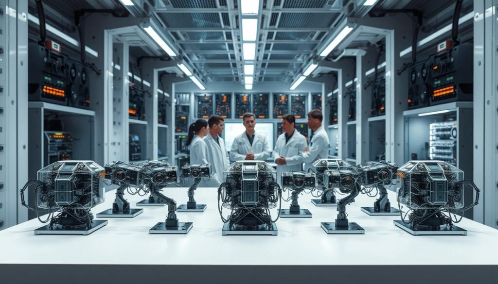 A futuristic, well-lit laboratory interior with sleek, minimalist design. In the foreground, a group of diverse AI models are displayed on a clean, white workbench, their intricate neural network architectures visible through transparent casings. The models are arranged in an orderly, symmetrical pattern, conveying a sense of precision and automation. In the middle ground, a team of data scientists in lab coats are intently observing the models, analyzing their performance and capabilities. The background is filled with towering shelves of computer equipment, glowing displays, and the faint glow of diagnostic lights, creating a dynamic, technologically advanced atmosphere. The overall scene suggests a collaborative, cutting-edge environment dedicated to the pursuit of AI-powered bug hunting and vulnerability detection.
