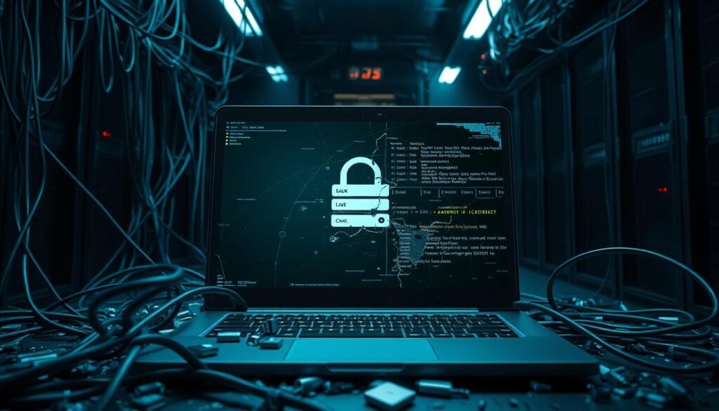 A glitched and corrupted network interface, cables twisted and disconnected, with a looming sense of vulnerability. The foreground depicts an open laptop screen displaying a broken authentication process, passwords and login credentials scattered amidst digital debris. The middle ground showcases a fragmented firewall, its protective layers compromised. In the background, a darkened server room shrouded in ominous shadows, hinting at the gravity of the security breach. The lighting is moody and dramatic, with harsh contrasts and a sense of digital decay, conveying the risks of unpatched software and the urgent need for consistent updates.