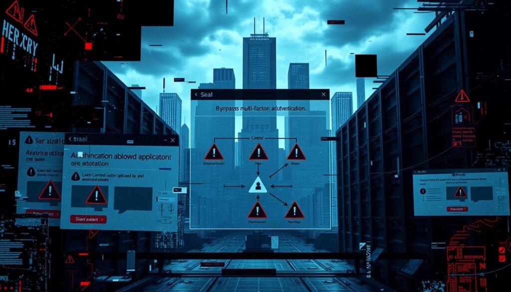 A glitchy, fragmented interface with security vulnerabilities exposed. In the foreground, a series of disjointed windows and pop-ups hint at flaws in the web application's logic, allowing users to bypass multi-factor authentication. The middle ground features a schematic diagram of the authentication process, dotted with red warning signs. In the background, a cityscape of towering, heavily secured servers stands in contrast to the vulnerabilities on display. Dramatic lighting casts deep shadows, creating a sense of tension and unease. The overall mood is one of digital insecurity, where the safeguards meant to protect users have been compromised.