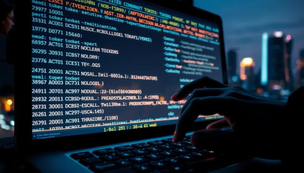 A glowing computer screen displays a stream of authentication tokens, their sensitive information exposed to the viewer. In the foreground, a hacker's hand hovers over the keyboard, poised to exploit the vulnerability. The middle ground is shrouded in a tense, ominous atmosphere, with shadows cast by the screen's harsh light. In the background, a blurred cityscape suggests the scale and impact of this breach. The image conveys the gravity of the situation, a cautionary tale of the consequences of improper 2FA configuration.