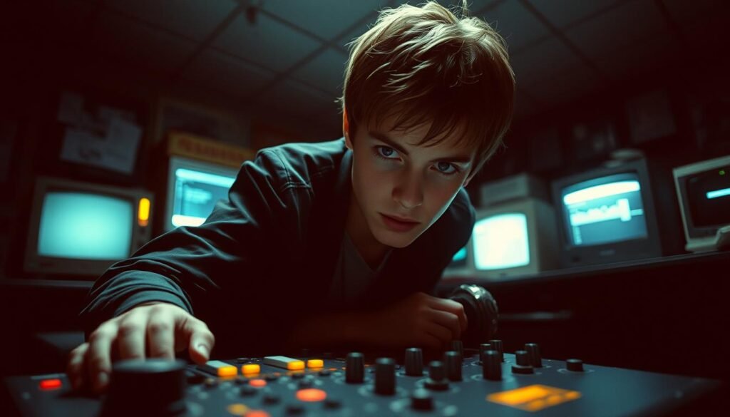A grainy, high-contrast image of a young Kevin Poulsen, his eyes intense and focused, as he leans over a radio console, his fingers deftly manipulating the dials and switches. In the background, a dimly lit room filled with the glow of computer monitors and the faint hum of electronics, suggesting the clandestine nature of his radio wave manipulation scheme. The lighting is dramatic, casting shadows that add to the sense of secrecy and intrigue. The camera angle is slightly low, looking up at Poulsen, emphasizing his control and the power of his hacking prowess. The overall mood is one of suspense and tension, capturing the moment just before Poulsen's radio-wave heist game is uncovered. A grainy, high-contrast image of a young Kevin Poulsen, his eyes intense and focused, as he leans over a radio console, his fingers deftly manipulating the dials and switches. In the background, a dimly lit room filled with the glow of computer monitors and the faint hum of electronics, suggesting the clandestine nature of his radio wave manipulation scheme. The lighting is dramatic, casting shadows that add to the sense of secrecy and intrigue. The camera angle is slightly low, looking up at Poulsen, emphasizing his control and the power of his hacking prowess. The overall mood is one of suspense and tension, capturing the moment just before Poulsen's radio-wave heist game is uncovered.