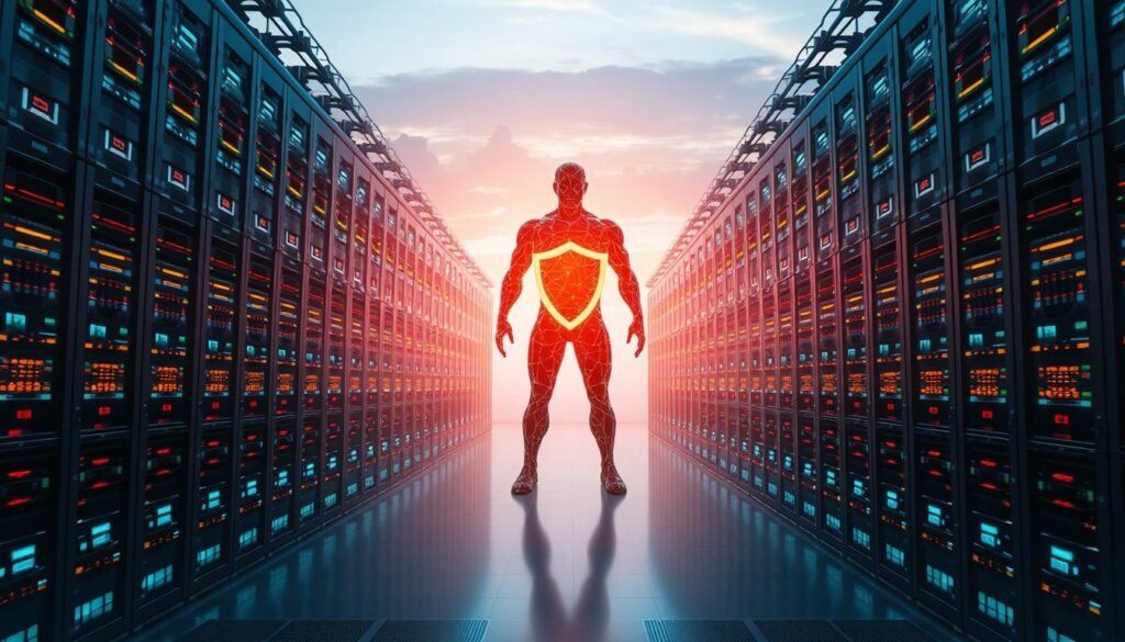 A grand, expansive data center with rows of sleek, interconnected servers, blinking with multicolored lights. In the foreground, a striking figure representing endpoint security - a towering guardian, its form a seamless blend of digital and physical elements, radiating an aura of protection. The background is a panoramic vista of clouds, symbolizing the hybrid and cloud-native architectures that modern endpoint security solutions must encompass. The overall scene conveys the power, complexity, and importance of securing the diverse endpoints that comprise today's IT infrastructure.