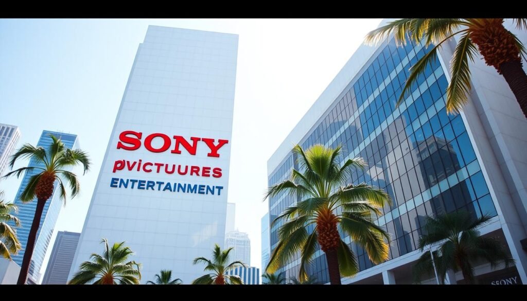 A grand, modern office building with a sleek, glass facade reflecting the bright, sunny sky. The Sony Pictures Entertainment logo stands prominently in the foreground, its bold red lettering and stylized "S" symbol emblazoned against the pristine white exterior. The building's angular design and towering presence convey a sense of power, innovation, and cinematic grandeur. In the middle ground, lush palm trees sway gently, framing the building and adding a touch of California elegance. The background features a cityscape of skyscrapers, hinting at the vibrant, bustling entertainment industry that surrounds this iconic studio. The overall scene exudes an atmosphere of professional excellence, creativity, and cinematic legacy.