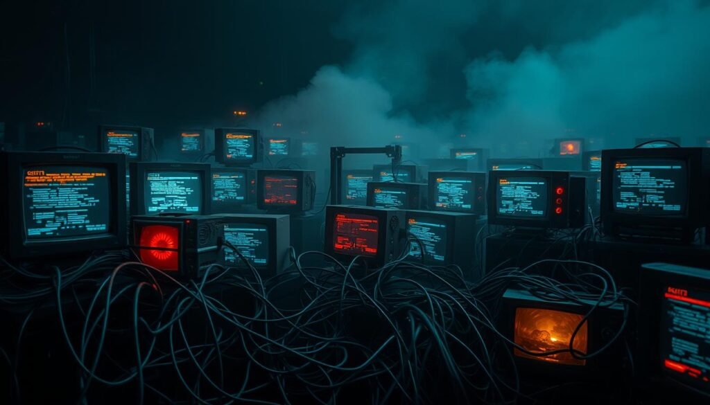 A grid of infected computer devices, their screens flickering with glitchy, corrupted visuals. In the foreground, a tangled web of cables and wires snakes across the scene, underscoring the interconnected nature of the botnet. The devices, in various states of disrepair, emit an ominous glow, their lights pulsating erratically. In the middle ground, a hazy, smoke-like effect obscures the details, adding to the sense of chaos and disruption. The background is shrouded in an unsettling darkness, hinting at the vast, unseen scale of the attack. The overall composition conveys a sense of digital decay and the relentless, unforgiving nature of a large-scale cyber assault. A grid of infected computer devices, their screens flickering with glitchy, corrupted visuals. In the foreground, a tangled web of cables and wires snakes across the scene, underscoring the interconnected nature of the botnet. The devices, in various states of disrepair, emit an ominous glow, their lights pulsating erratically. In the middle ground, a hazy, smoke-like effect obscures the details, adding to the sense of chaos and disruption. The background is shrouded in an unsettling darkness, hinting at the vast, unseen scale of the attack. The overall composition conveys a sense of digital decay and the relentless, unforgiving nature of a large-scale cyber assault.