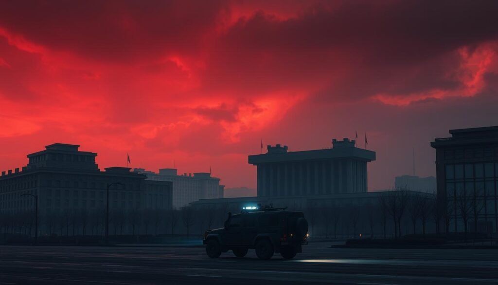 A grim, authoritarian cityscape of Pyongyang, North Korea, under an ominous sky. The silhouettes of imposing government buildings loom in the background, their stark, geometric forms casting long shadows across the stark urban landscape. In the foreground, a lone military vehicle patrols the empty streets, its headlights casting an eerie glow. The atmosphere is tense and foreboding, reflecting the heavy-handed control of the regime. The lighting is dramatic, with deep shadows and pools of light, creating a cinematic, almost dystopian effect. The overall mood conveys the persistent threat to cybersecurity posed by North Korean state actors, even years after the Sony hack.