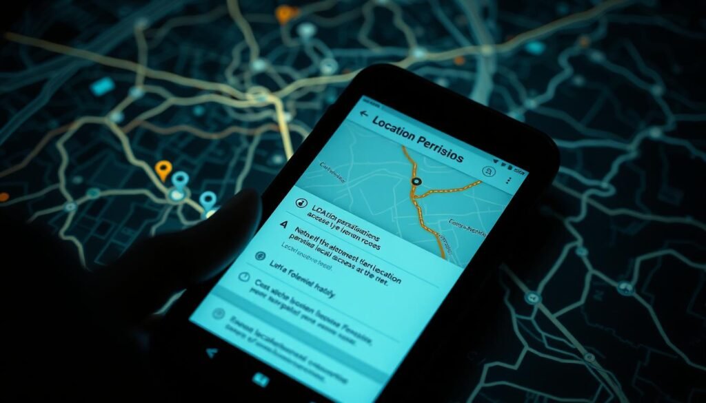 A gritty, high-contrast rendering of a smartphone screen displaying a GPS navigation app, with a digital map backdrop featuring data points, geolocation markers, and route lines. The map is dimly lit, casting an eerie, ominous glow. In the foreground, the smartphone's display shows a series of location permissions being requested, hinting at the potential risks of unchecked access to user location data. The overall atmosphere conveys a sense of unease and vulnerability, underscoring the central theme of the article.