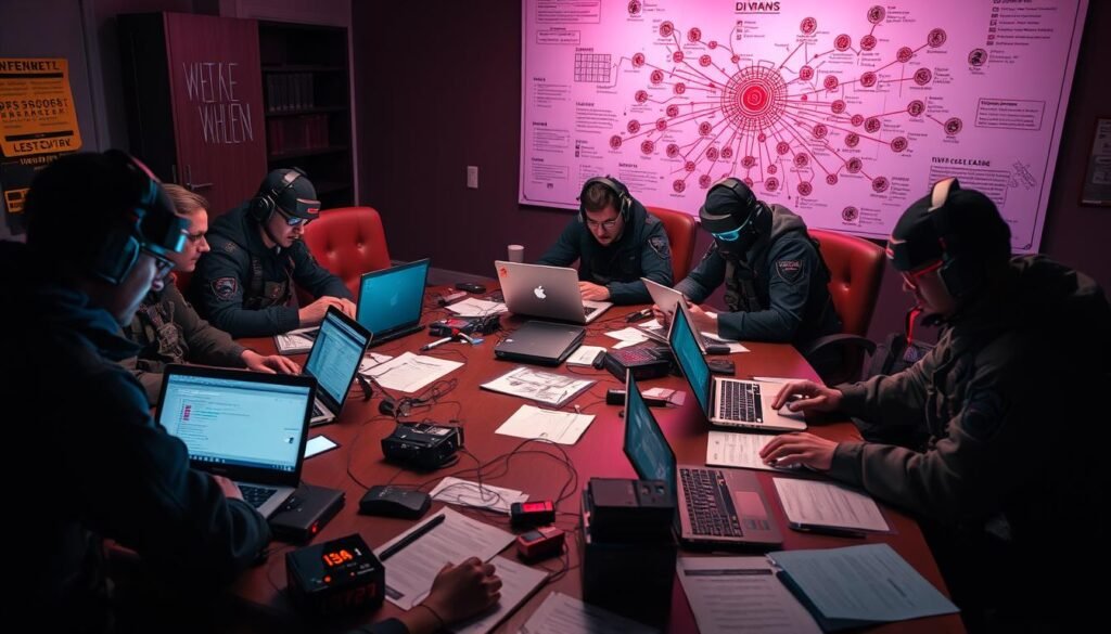 A group of cybersecurity experts, dressed in tactical gear, gathered around a large, dimly lit conference table. The table is littered with laptops, papers, and various tools of the trade. The team members are intensely focused, discussing strategies and analyzing data, their faces illuminated by the soft glow of the screens. In the background, a large map of the target organization's network is displayed on a wall, with various annotations and notes scribbled across it. The room has a sense of tension and purpose, with the team working together to plan their next move in the red team exercise. A group of cybersecurity experts, dressed in tactical gear, gathered around a large, dimly lit conference table. The table is littered with laptops, papers, and various tools of the trade. The team members are intensely focused, discussing strategies and analyzing data, their faces illuminated by the soft glow of the screens. In the background, a large map of the target organization's network is displayed on a wall, with various annotations and notes scribbled across it. The room has a sense of tension and purpose, with the team working together to plan their next move in the red team exercise.