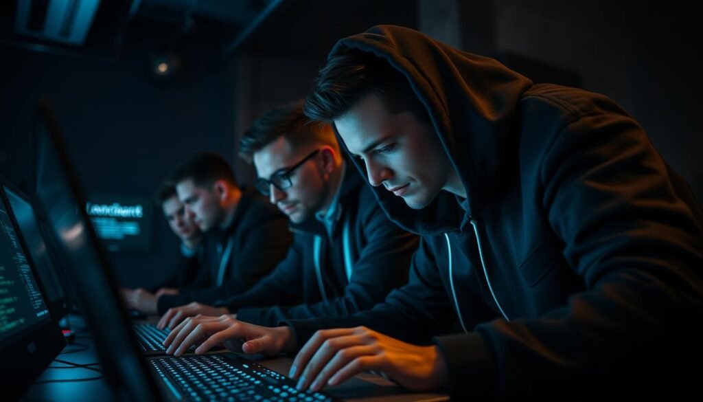 A group of cybersecurity professionals, clad in sleek, dark attire, intently focused on their laptop screens. The dimly lit room is filled with the soft glow of digital displays, casting an air of mystery and intensity. In the foreground, a figure in a hoodie leans forward, fingers dancing across the keyboard, their expression one of deep concentration. Behind them, colleagues analyze lines of code, collaborating to uncover vulnerabilities and devise ethical solutions. The scene is captured through a wide-angle lens, conveying a sense of scale and the collaborative nature of their work. The overall mood is one of seriousness, professionalism, and a commitment to using technology for the greater good.