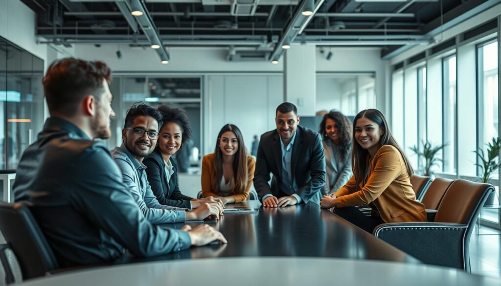 A group of diverse professionals engaged in a dynamic team interview, evaluating a candidate's cultural fit. The foreground features the interview panel seated around a conference table, maintaining an attentive yet friendly demeanor. The middle ground showcases the candidate, poised and making eye contact, conveying confidence and adaptability. The background depicts a modern, minimalist office setting with sleek furnishings and abundant natural light, creating a professional and collaborative atmosphere. The lighting is soft and even, highlighting the participants' expressions and body language. The lens captures a slightly elevated angle, conveying a sense of evaluation and assessment, while maintaining an inclusive and welcoming tone. A group of diverse professionals engaged in a dynamic team interview, evaluating a candidate's cultural fit. The foreground features the interview panel seated around a conference table, maintaining an attentive yet friendly demeanor. The middle ground showcases the candidate, poised and making eye contact, conveying confidence and adaptability. The background depicts a modern, minimalist office setting with sleek furnishings and abundant natural light, creating a professional and collaborative atmosphere. The lighting is soft and even, highlighting the participants' expressions and body language. The lens captures a slightly elevated angle, conveying a sense of evaluation and assessment, while maintaining an inclusive and welcoming tone.
