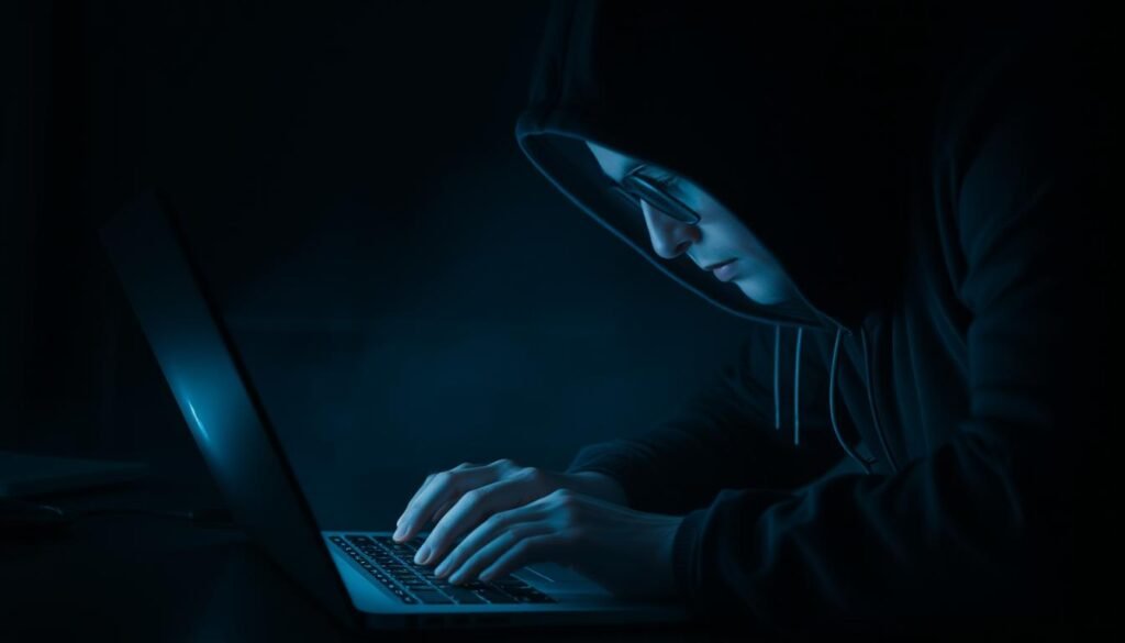 A hacker hunched over a laptop, their fingers frantically typing as they attempt to erase incriminating logs. The scene is illuminated by the soft glow of the screen, casting a shadowy, ominous atmosphere. The background is dimly lit, with a sense of urgency and tension palpable. The hacker's face is obscured, their identity hidden, but their actions speak volumes. The image captures the importance of protecting system logs and the lengths that bad actors will go to cover their tracks, underscoring the critical need for robust log management and security protocols.