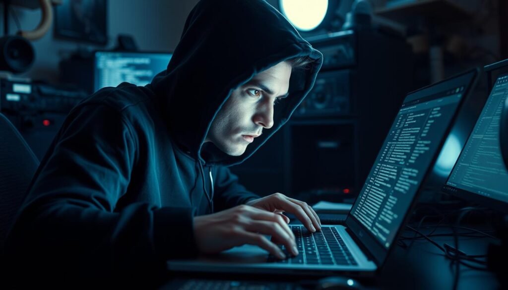 A hacker hunched over a laptop, their fingers rapidly typing commands to manipulate the contents of a computer log file. The scene is set in a dimly lit room, with the laptop screen casting an eerie glow on the hacker's face, their expression one of intense focus and determination. The background is blurred, but hints at the presence of other electronic devices and a cluttered workspace, conveying a sense of the hacker's deep technical prowess and their willingness to go to great lengths to cover their tracks. The lighting is dramatic, with shadows and highlights accentuating the hacker's movements and the sense of tension in the scene.