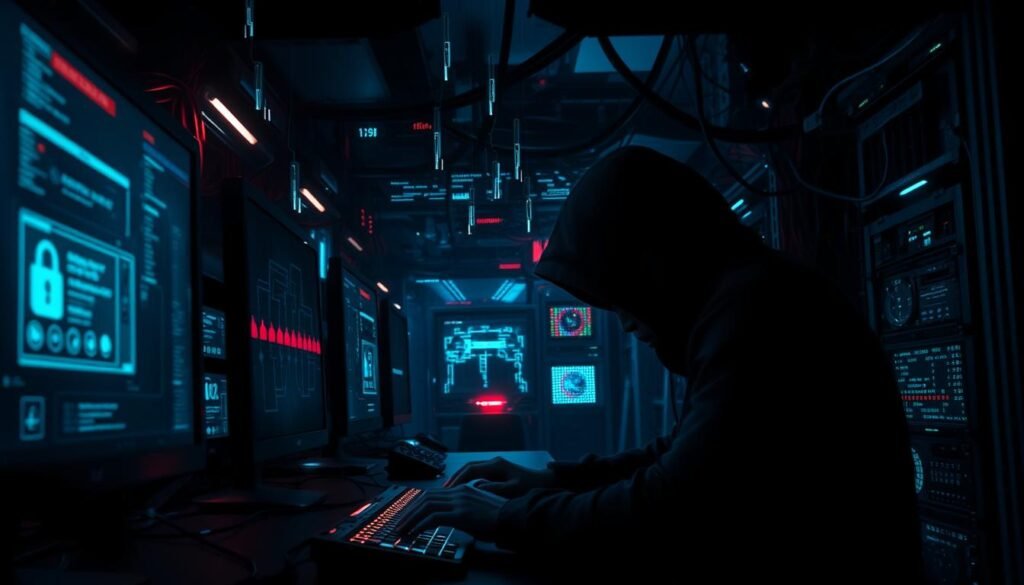 A hacker's lair, dimly lit with the glow of multiple computer screens. In the foreground, a shadowy figure hunched over a keyboard, fingers flying as they infiltrate a secure network. Holographic data streams and security alerts flicker in the air, creating a sense of urgency and impending danger. In the background, a maze of tangled wires and blinking servers, symbolizing the complex infrastructure that e-commerce businesses must protect. The atmosphere is tense, with a feeling of vulnerability and the constant threat of data breaches looming. Dramatic chiaroscuro lighting and a cinematic camera angle enhance the sense of high-stakes drama, underscoring the critical importance of robust e-commerce security.