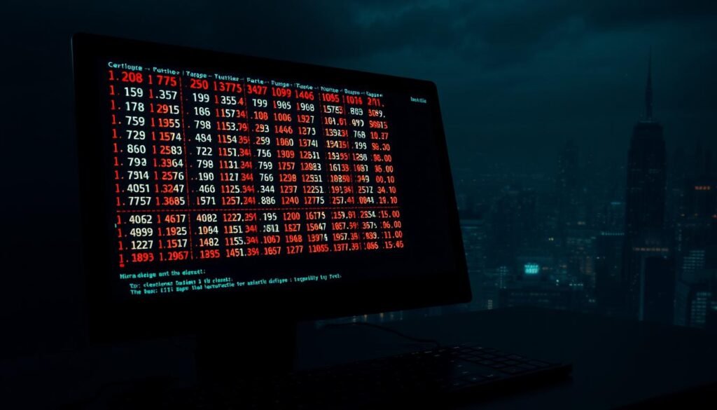 A hacker's terminal interface, the screen aglow with a grid of colorful port numbers as Mirai, the infamous IoT botnet, scans relentlessly for vulnerable devices. The ambient lighting casts a somber, ominous tone, while the angular, minimalist design of the user interface evokes a sense of technological prowess and precision. The foreground is dominated by the terminal window, with lines of code cascading down the screen, while the background features a stark, distorted cityscape - a subtle nod to the global reach and impact of this malware. The overall scene conveys the power and scale of Mirai, a blueprint for IoT attacks that have transformed the landscape of cybersecurity.