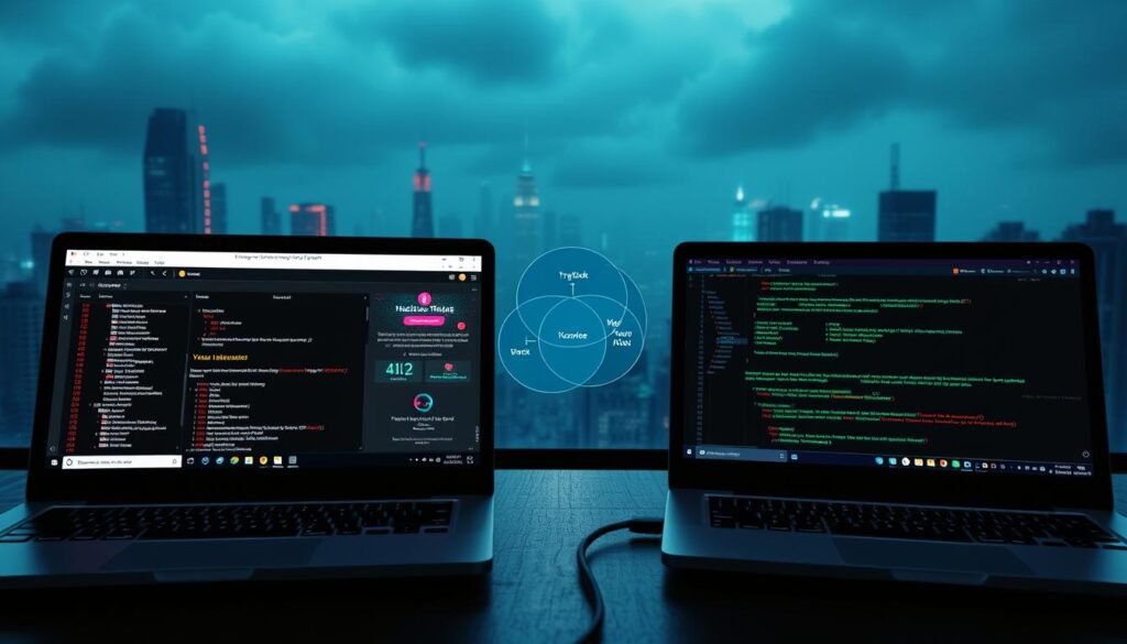 A head-to-head comparison of TryHackMe and HackTheBox, two premier cybersecurity learning platforms. In the foreground, two laptop screens display the distinctive interfaces of the platforms, showcasing their unique features and challenges. In the middle ground, a Venn diagram illustrates the overlapping skills and knowledge gained from each platform. The background features a futuristic cityscape, hinting at the real-world applications of the skills learned. The scene is bathed in a cool, hacker-esque color palette, with dramatic lighting that casts long shadows, conveying the serious, technical nature of the subject matter.