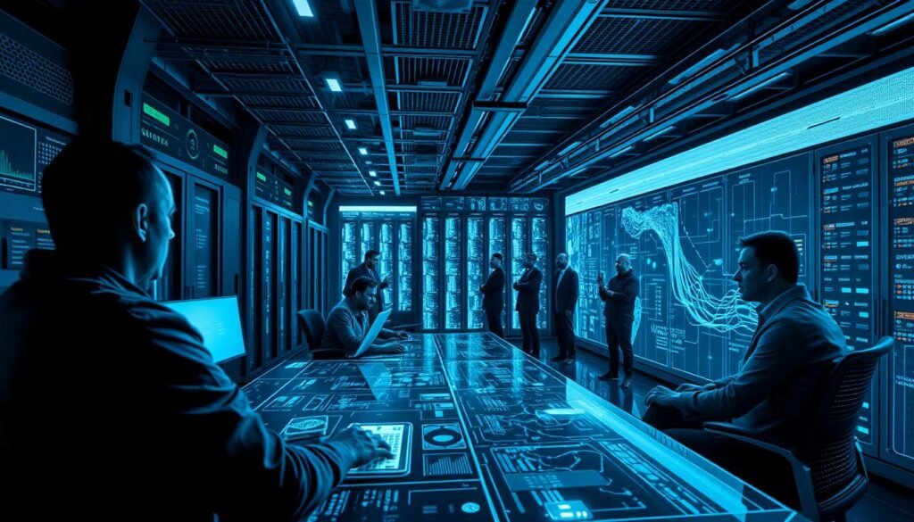 A high-angle, cinematic shot of a gleaming, state-of-the-art cybersecurity control center. In the foreground, a sleek holographic display showcases a detailed curriculum and interactive learning tools. In the middle ground, a team of analysts intently monitors a sprawling network visualization, their expressions focused and determined. In the background, towering server racks hum with the energy of data processing. The scene is bathed in a cool, blue-tinted lighting, creating an atmosphere of technological sophistication and security vigilance.