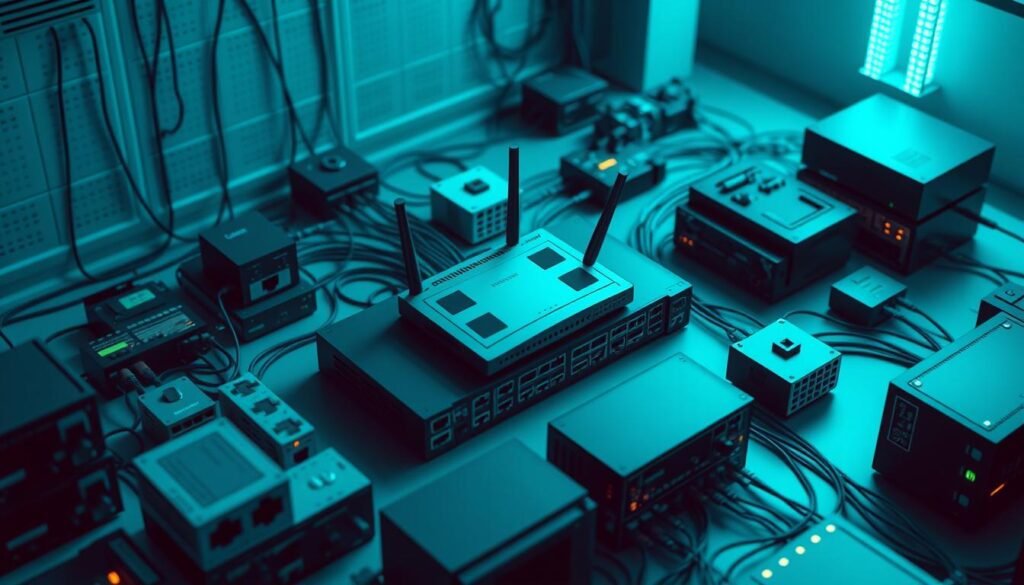 A high-angle shot of a modern network architecture, featuring a central router, multiple switches, and various network devices like access points, firewalls, and servers. The scene is well-lit, with a clean, minimalist aesthetic and a subtle blue-green color scheme. The devices are arranged in a logical, segmented layout, conveying a sense of order and efficiency. The background is slightly blurred, drawing the viewer's attention to the foreground elements. The overall mood is one of professional, enterprise-grade network infrastructure, suitable for showcasing a secure home lab setup.