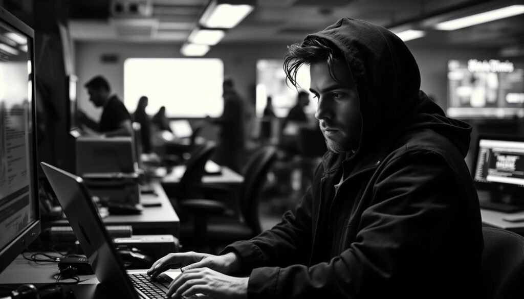 A high-contrast black and white portrait of Adrian Lamo, the infamous hacker known as the "Homeless Hacker," sitting pensively at a laptop in a dimly-lit New York Times newsroom. The scene is tense and moody, with dramatic chiaroscuro lighting casting deep shadows across Lamo's contemplative expression. The background is a blur of activity - blinking computer screens, cluttered desks, and the faint silhouettes of journalists rushing about. This image captures the brief moment of freedom Lamo experienced before the weight of his actions caught up with him, a cautionary tale of the lasting consequences faced by those who dare challenge the system. A high-contrast black and white portrait of Adrian Lamo, the infamous hacker known as the "Homeless Hacker," sitting pensively at a laptop in a dimly-lit New York Times newsroom. The scene is tense and moody, with dramatic chiaroscuro lighting casting deep shadows across Lamo's contemplative expression. The background is a blur of activity - blinking computer screens, cluttered desks, and the faint silhouettes of journalists rushing about. This image captures the brief moment of freedom Lamo experienced before the weight of his actions caught up with him, a cautionary tale of the lasting consequences faced by those who dare challenge the system.