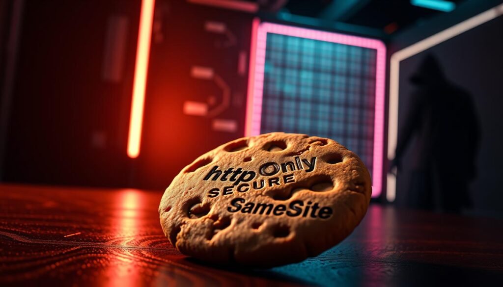 A high-contrast, cinematic rendering of secure cookie attributes. In the foreground, a sleek, metallic cookie with bold, engraved attributes like "HttpOnly", "Secure", and "SameSite". Backlit by a warm glow, casting dramatic shadows. The middle ground features a futuristic, neon-lit grid, hinting at the technical infrastructure behind secure web sessions. In the distant background, a shadowy figure representing the would-be attacker, blocked by an impenetrable firewall. Crisp details, moody lighting, and a sense of technological sophistication convey the importance of these security measures.
