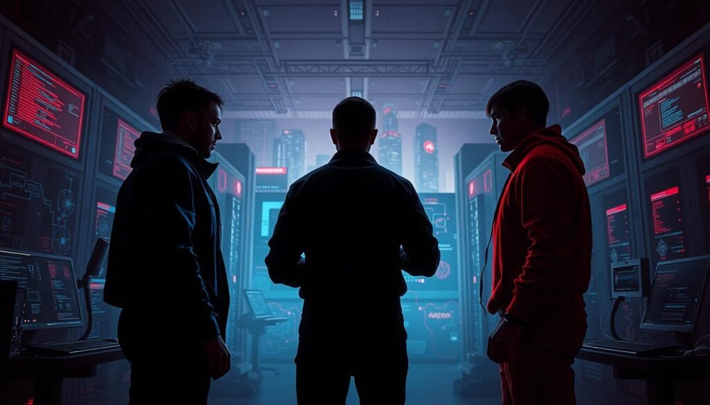 A high-contrast, cinematic scene depicting the confrontation between a red team and a blue team in the realm of cybersecurity. In the foreground, two teams face off, their silhouettes backlit by the glow of computer screens, conveying the tension and strategy of their opposing roles. In the middle ground, complex network diagrams, lines of code, and security tools suggest the technical landscape they navigate. The background is shrouded in an ominous, cyberpunk-inspired atmosphere, with glimpses of towering servers and the faint outlines of a cityscape, reinforcing the high-stakes, high-tech nature of their digital battleground. A high-contrast, cinematic scene depicting the confrontation between a red team and a blue team in the realm of cybersecurity. In the foreground, two teams face off, their silhouettes backlit by the glow of computer screens, conveying the tension and strategy of their opposing roles. In the middle ground, complex network diagrams, lines of code, and security tools suggest the technical landscape they navigate. The background is shrouded in an ominous, cyberpunk-inspired atmosphere, with glimpses of towering servers and the faint outlines of a cityscape, reinforcing the high-stakes, high-tech nature of their digital battleground.
